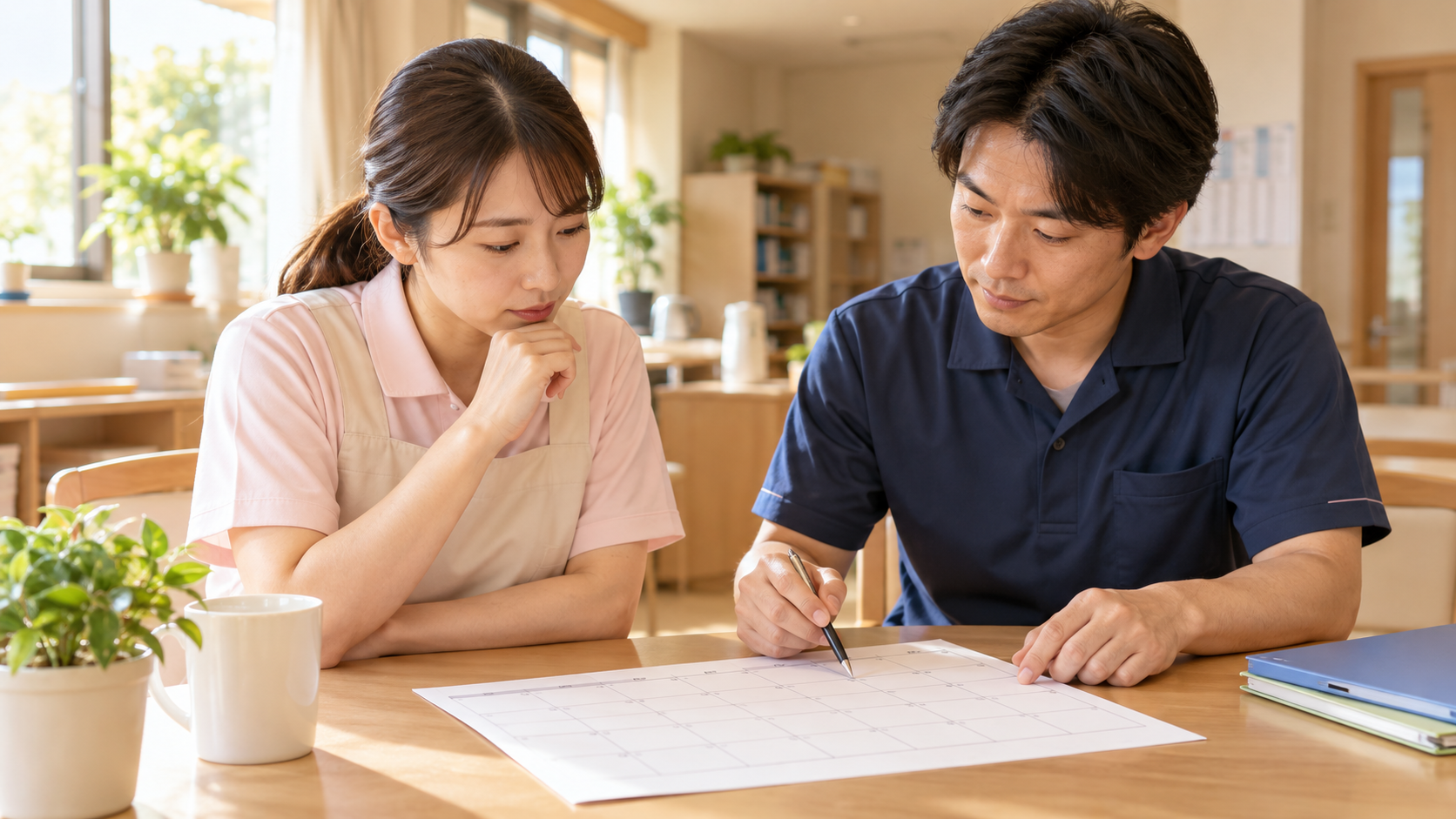 職員同士で冠婚葬祭の休暇とシフトを相談する様子