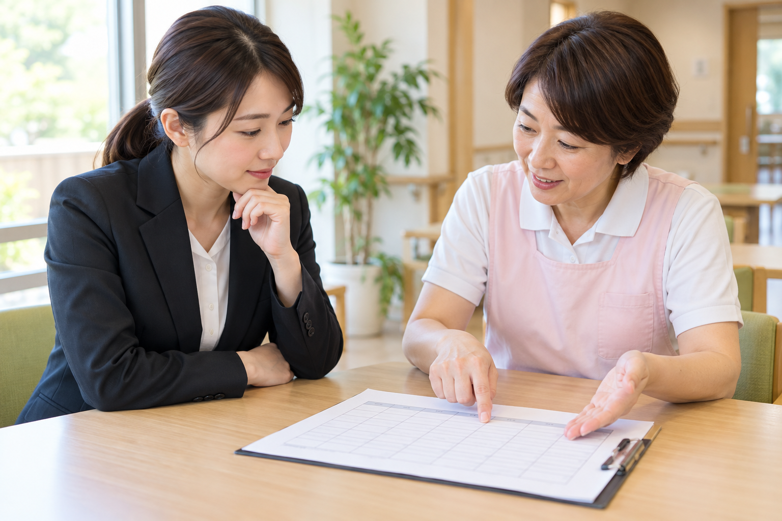 介護施設の担当者と応募者が勤務条件を確認する様子