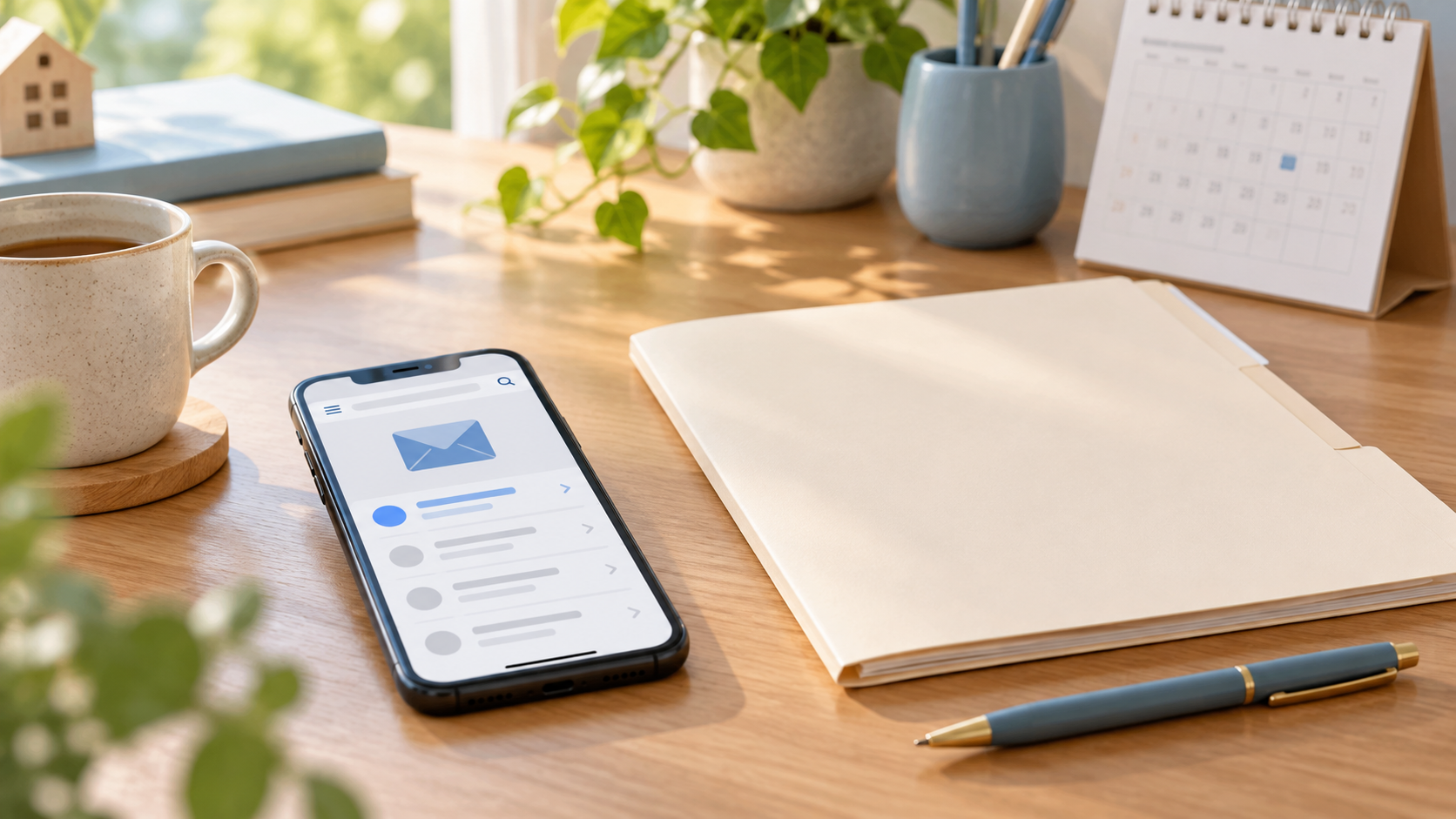 介護職の内定承諾メールを確認するスマートフォンと書類